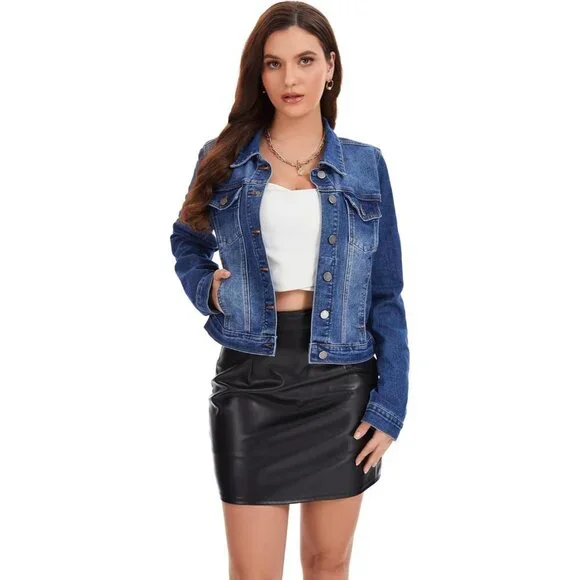 andy & natalie Womens Jean Jacket Stretch Cropped Button Down Denim Jackets - Picture 5 of 7